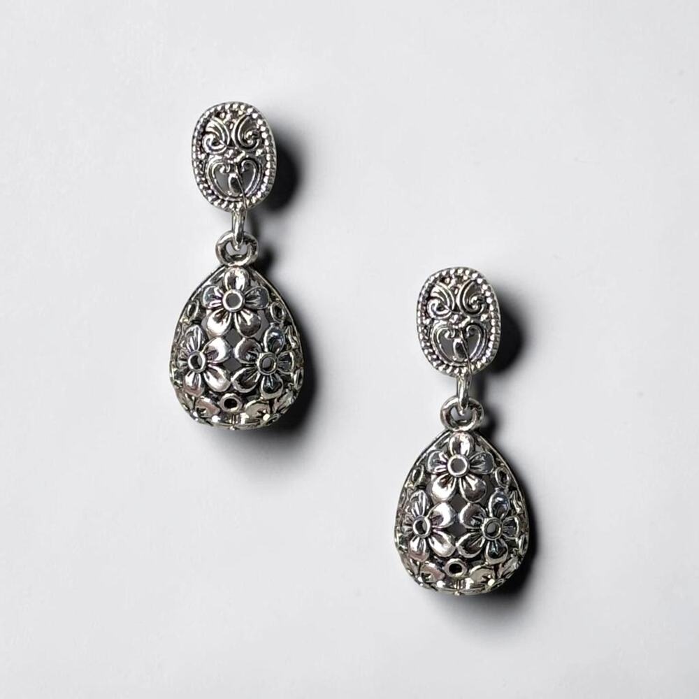 Silver Floral Teardrop Dangle Earrings